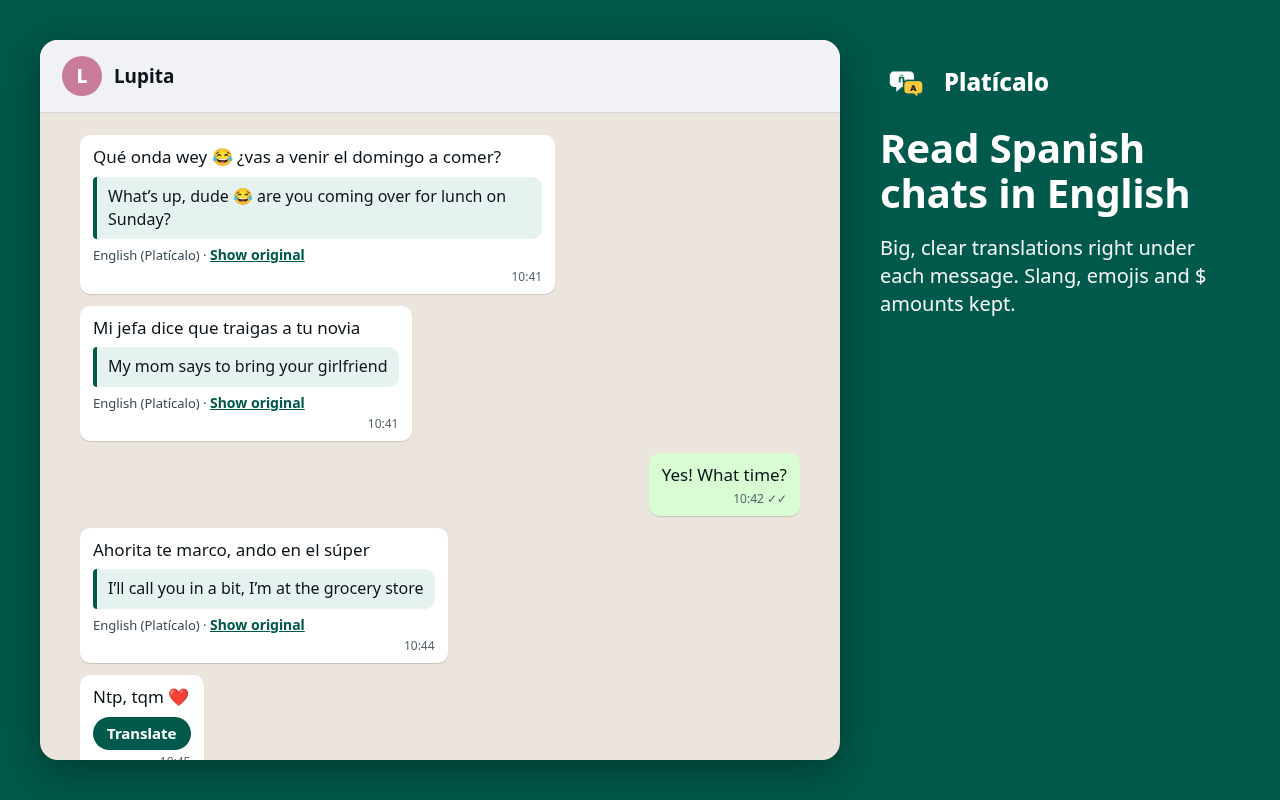 Sample chat: English translation shown under a Spanish message